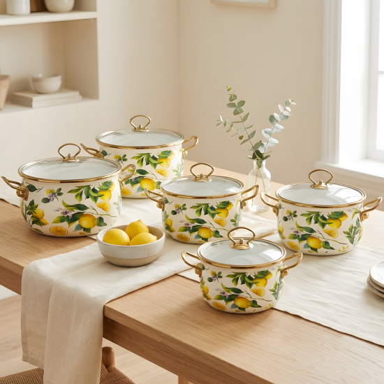 Lemon Pattern Cooking Pot Set - 5 Pcs